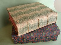 Interpretive binding for Johnny Carrera's Pictorial Webster's. Waltham: Quercus Press, 2009. Textile jacket with embroidered metal beads over quarter calf scaleboard binding. GBW, New England Chapter exhibition, 2011. Cloth-covered box. Sold.