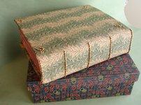 Interpretive binding for Johnny Carrera's Pictorial Webster's. Waltham: Quercus Press, 2009. Textile jacket with embroidered metal beads over quarter calf scaleboard binding. GBW, New England Chapter exhibition, 2011. Cloth-covered box. Sold.